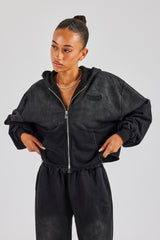 Verwaschener, kastiger Kapuzenpullover mit durchgehendem Reißverschluss - Schwarz