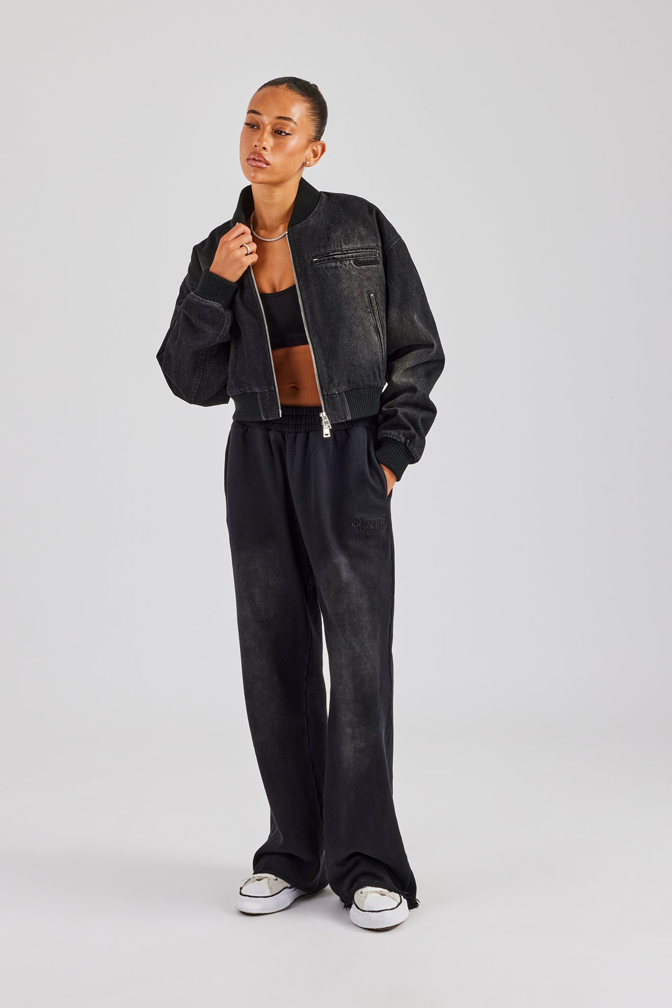 Washed Denim Bomber Jacket - Black | Womens Outerwear | Shop