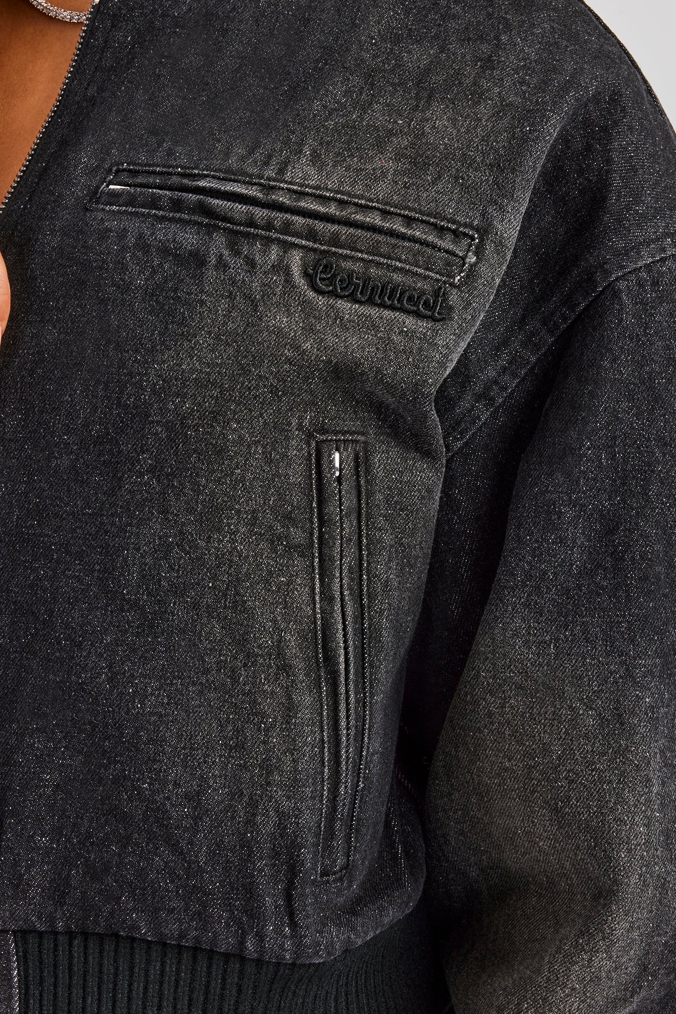 Washed Denim Bomber Jacket - Black