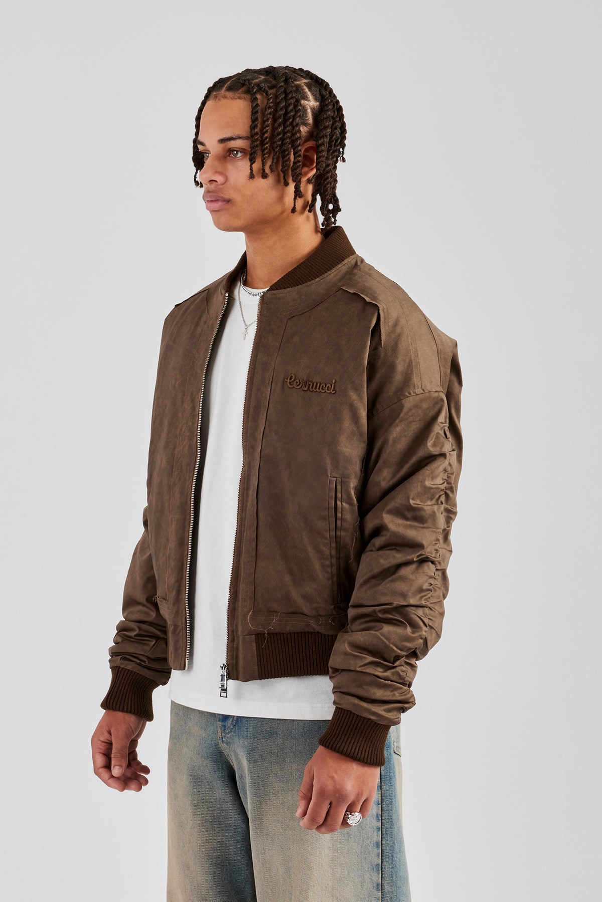Washed Nylon Bomber Jacket Chocolate Mens Outerwear Shop