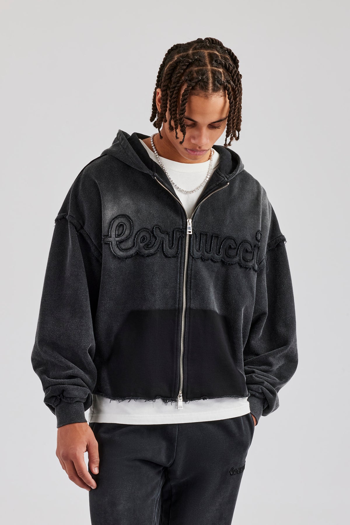 Washed Applique Zip Through Hoodie - Acid Wash | Mens Hoodies 