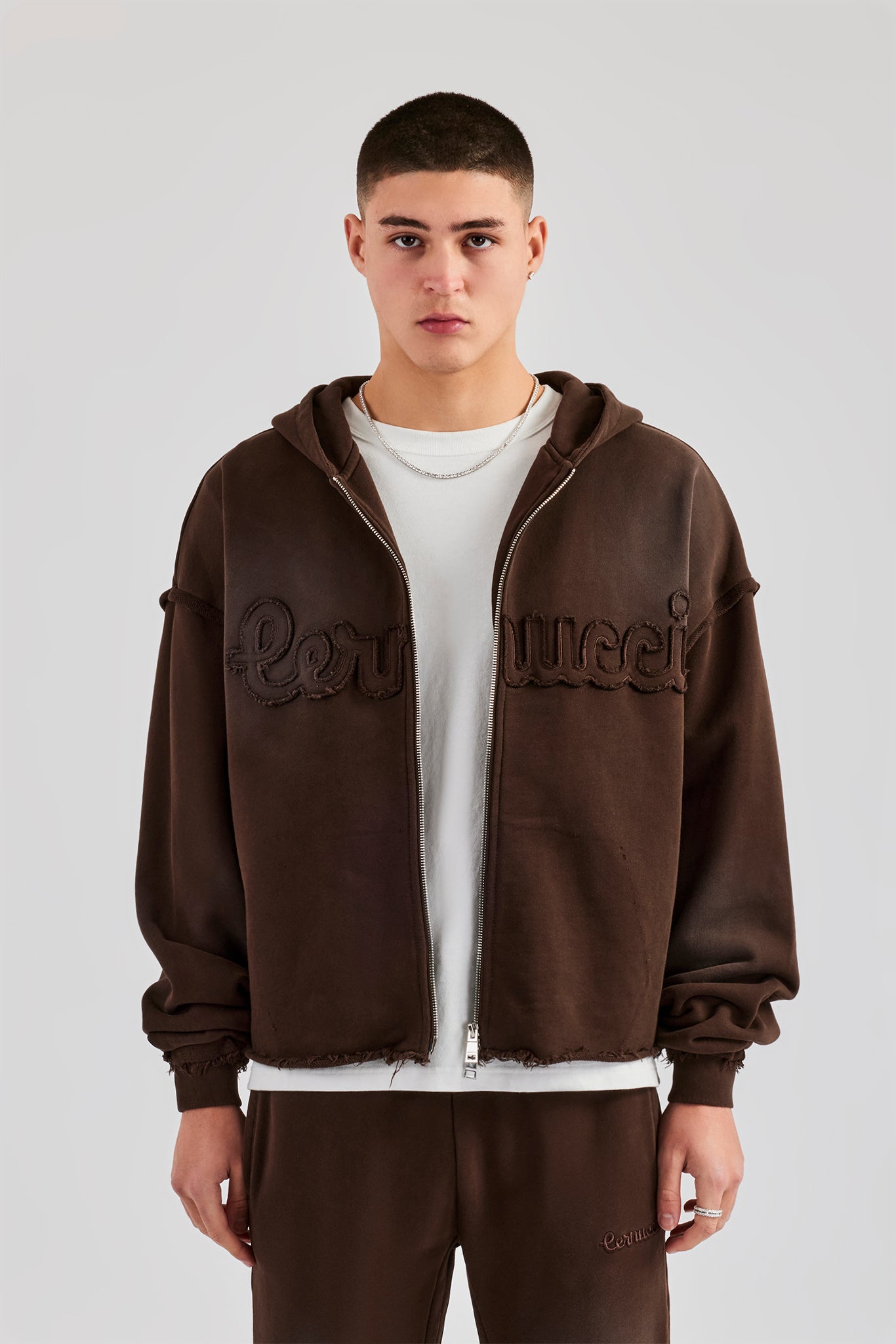 Washed Applique Zip Through Hoodie - Chocolate | Mens Hoodies
