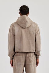 Washed Applique Zip Through Hoodie - Brown