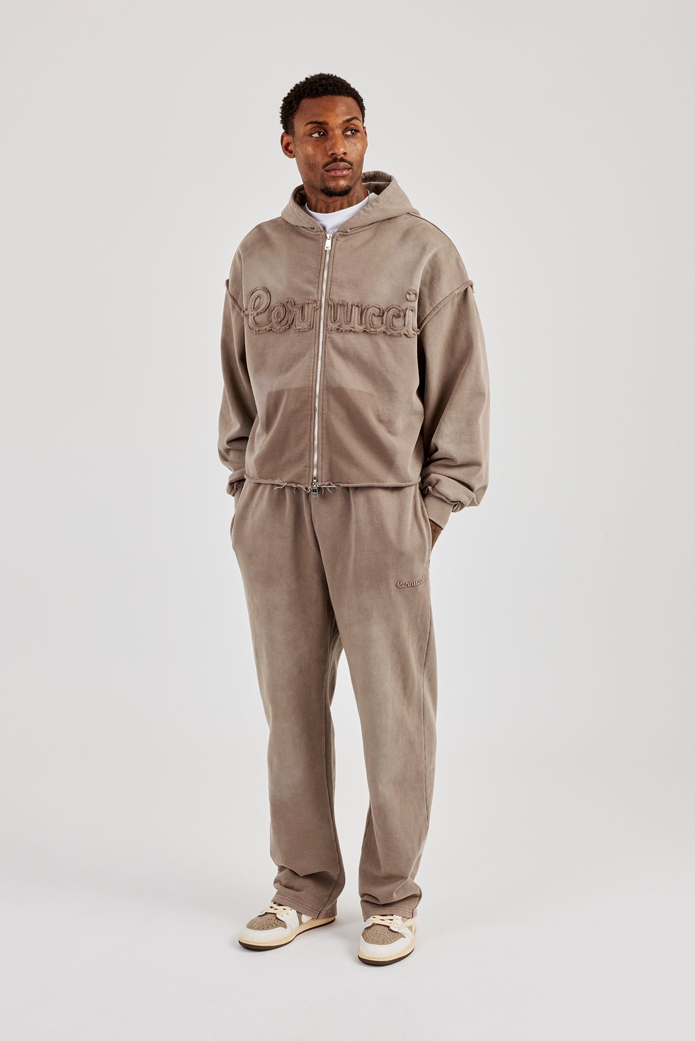 Washed Applique Zip Through Hoodie & Relaxed Jogger - Brown