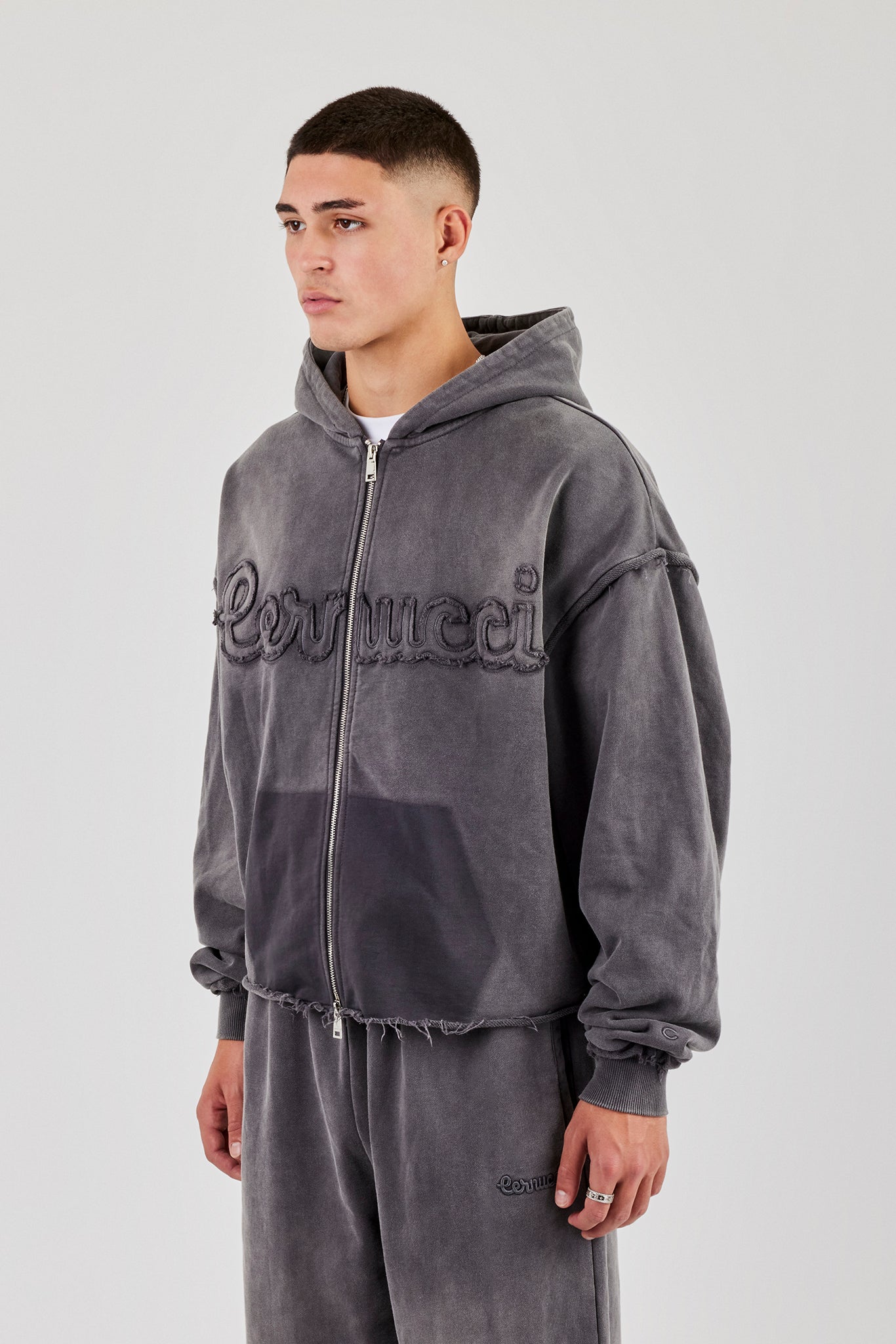 Washed Applique Zip Through Hoodie - Grey