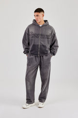 Washed Applique Zip Through Hoodie & Relaxed Jogger - Grey