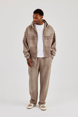 Washed Applique Zip Through Hoodie - Brown