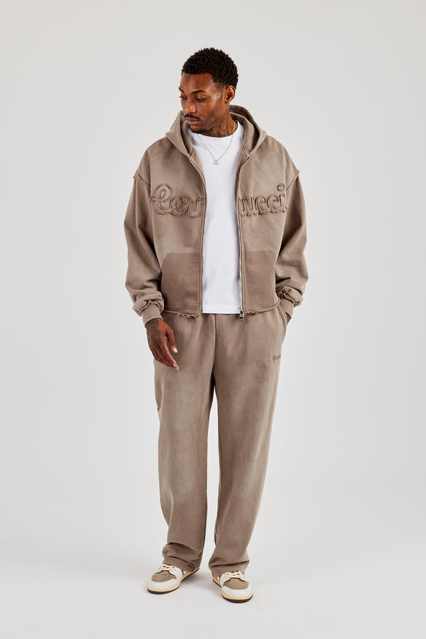 Kapuzenpullover mit verwaschener Applikation und durchgehendem Reißverschluss - Braun