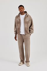 Kapuzenpullover mit Reißverschluss und lässiger Jogginghose mit verwaschener Applikation - Braun 