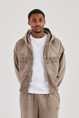 Washed Applique Zip Through Hoodie - Brown