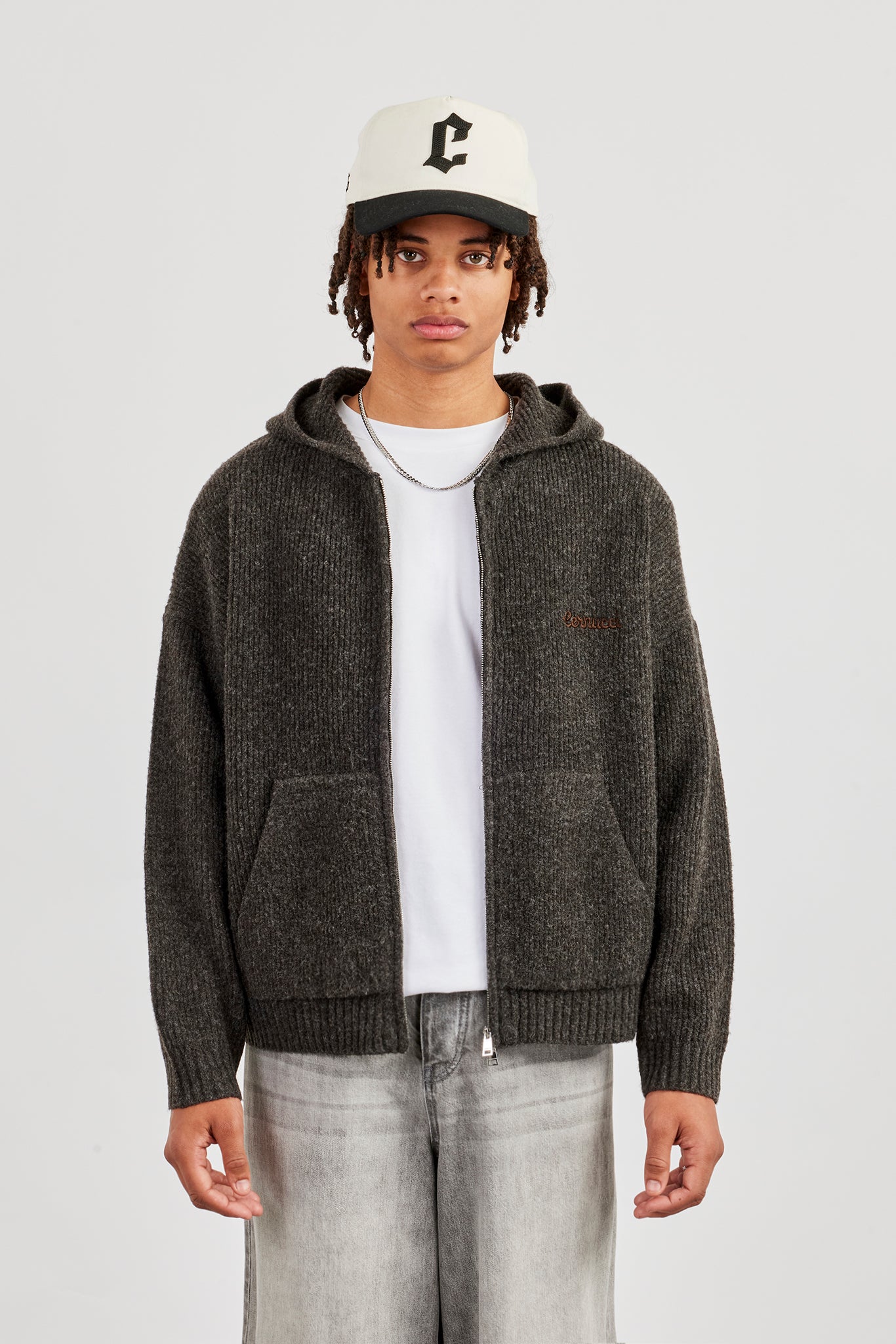 Rest & Recreation knitted hoodie ニット Dual Ended Knitted Zip Hoodie - Charcoal | Mens Knitwear | Shop