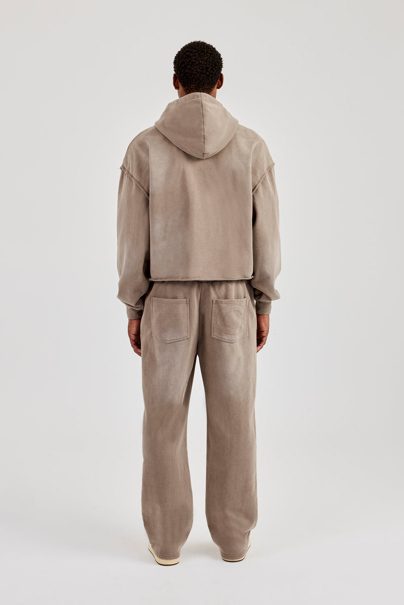 Kapuzenpullover mit Reißverschluss und lässiger Jogginghose mit verwaschener Applikation - Braun 