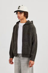 Embroidered Knitted Zip Hoodie - Chocolate