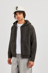 Embroidered Knitted Zip Hoodie - Chocolate