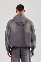 Washed Applique Zip Through Hoodie - Grey