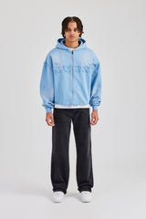 Washed Applique Zip Through Hoodie - Blue