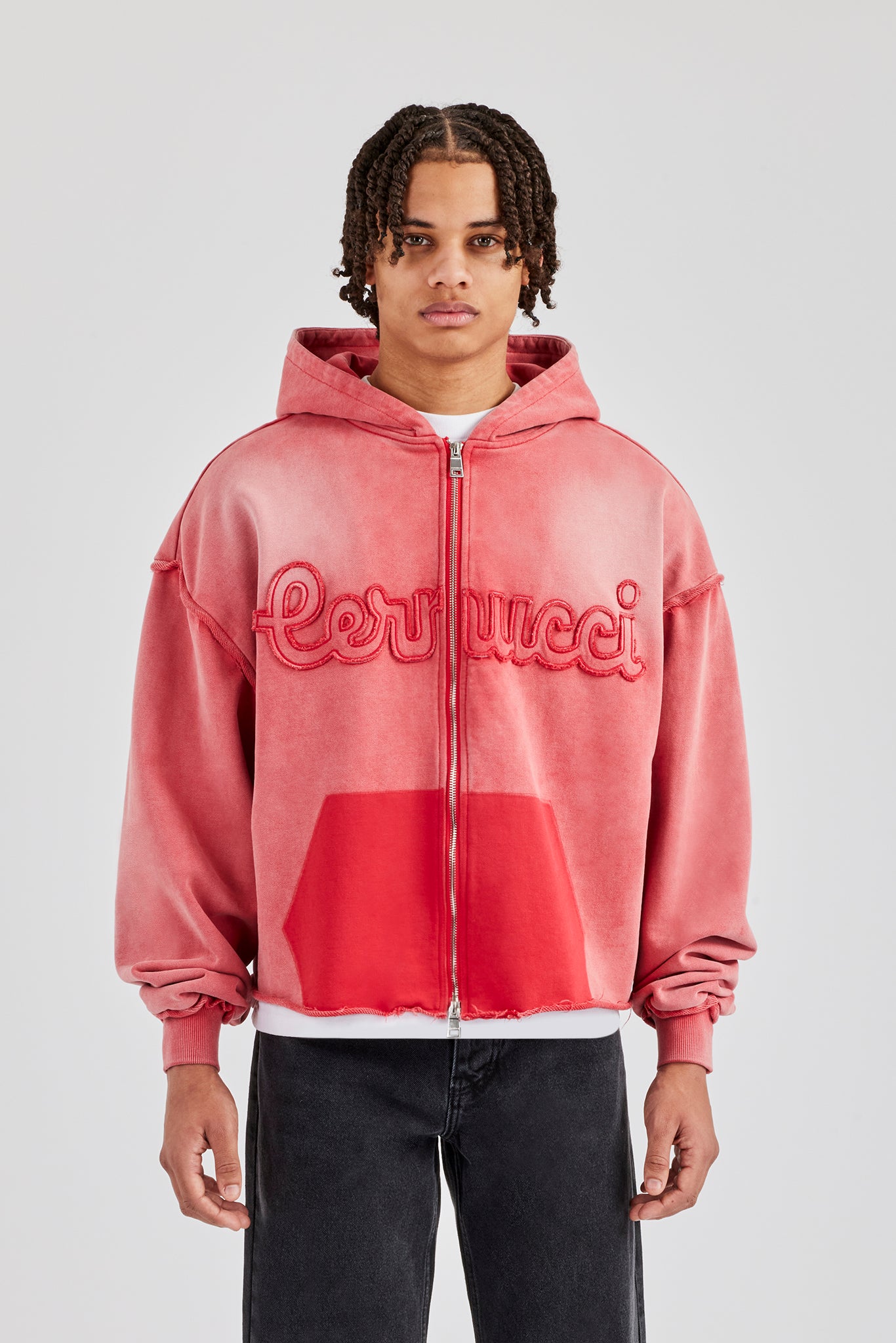 Washed Applique Zip Through Hoodie - Washed Red | Mens Hoodies