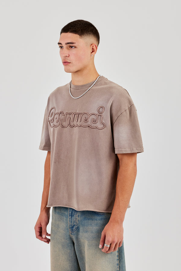 Boxy Washed Embroidered T-Shirt - Brown
