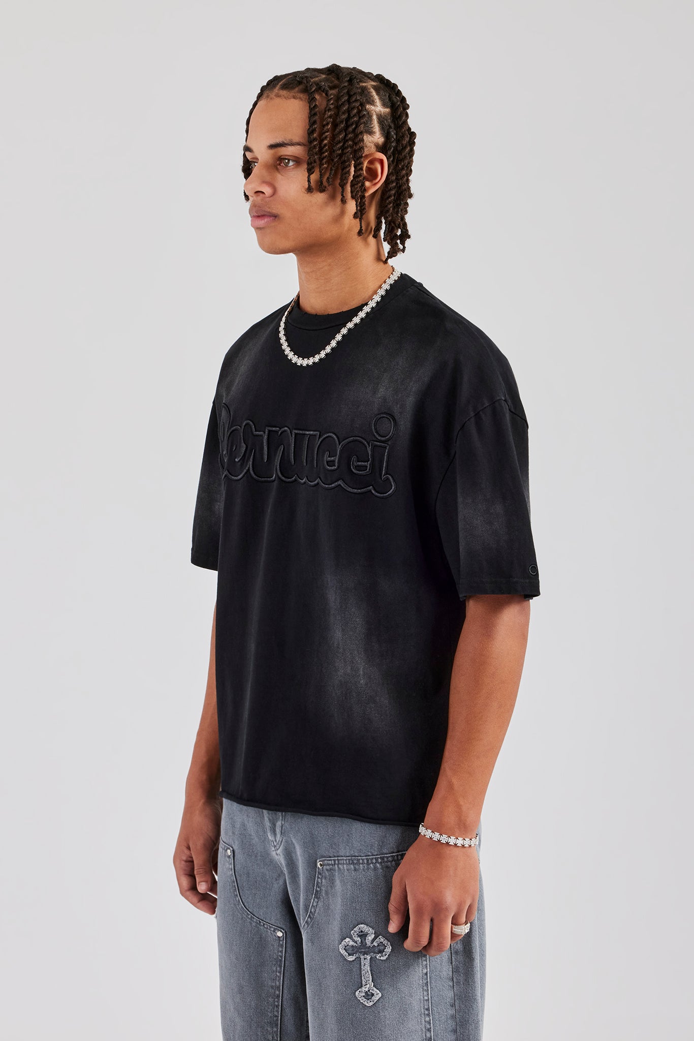 Boxy Washed Embroidered T-Shirt - Black