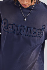 Verwaschenes, kastenförmiges T-Shirt im Used-Look - Marineblau