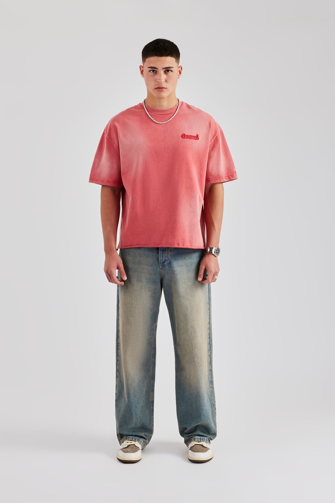 Boxy Washed Embroidered T-Shirt - Red