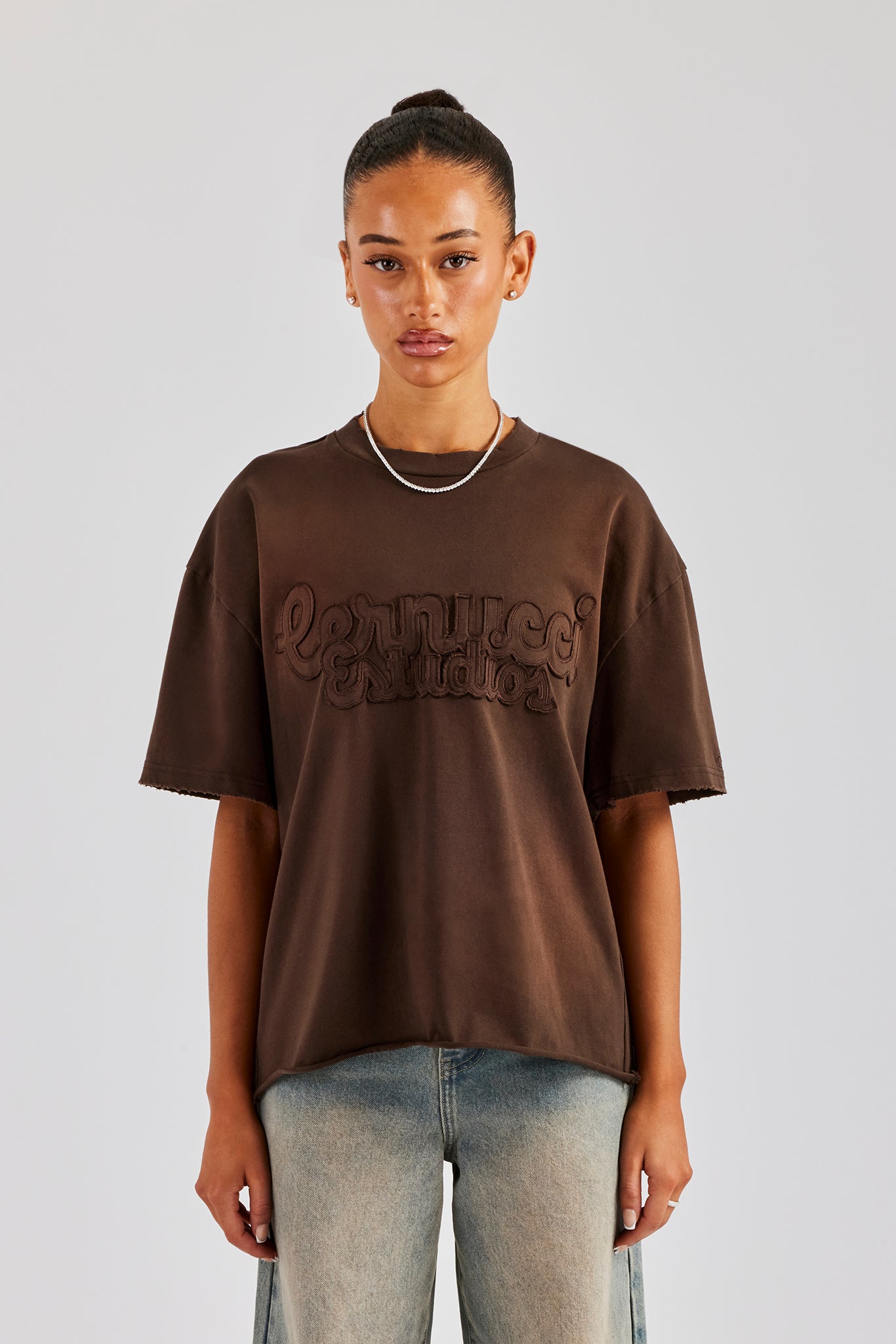 Washed Embroidered Body T-Shirt - Brown | Womens Tees & Vests