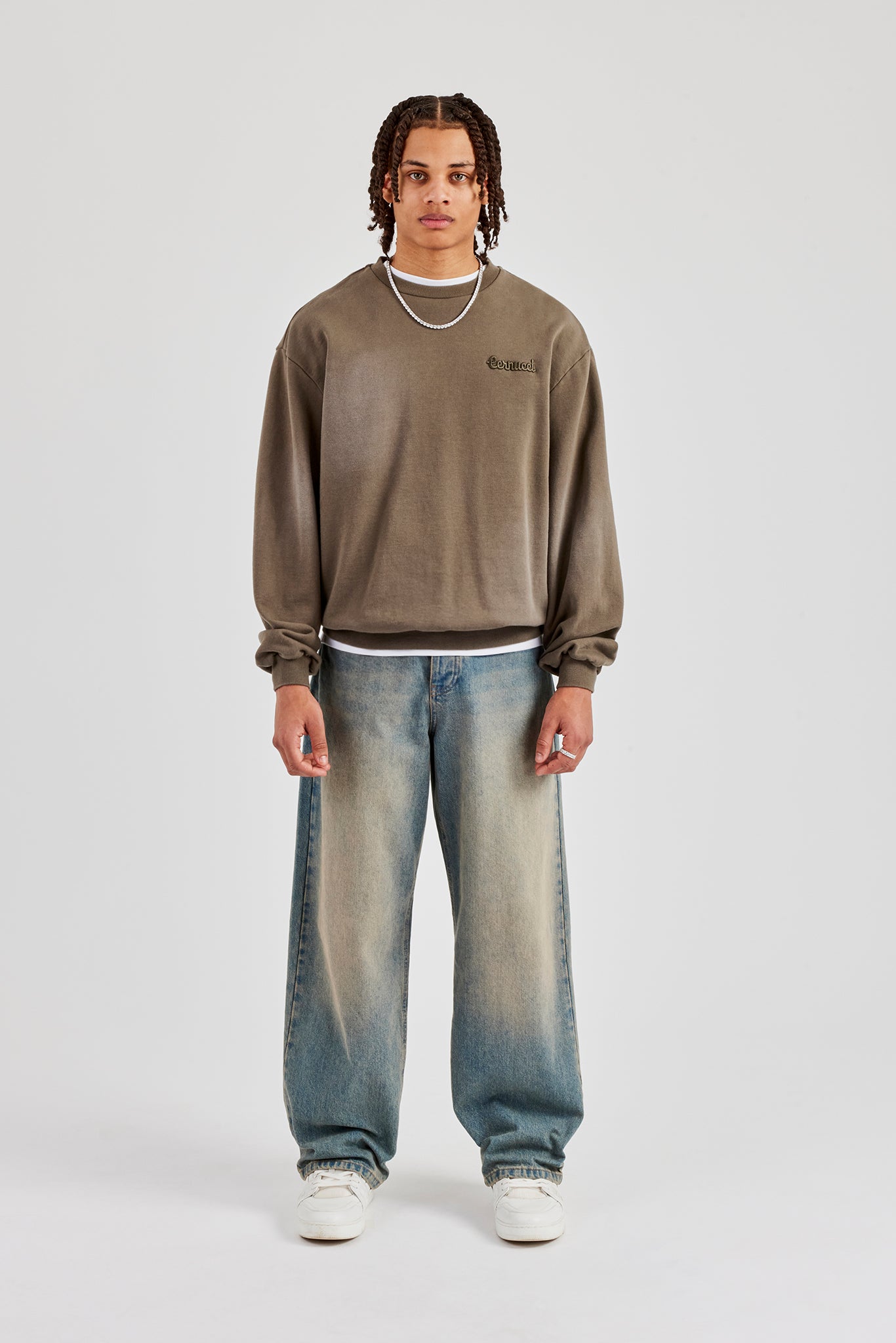 Washed Applique Boxy Sweater - Khaki | Mens Hoodies & Sweats