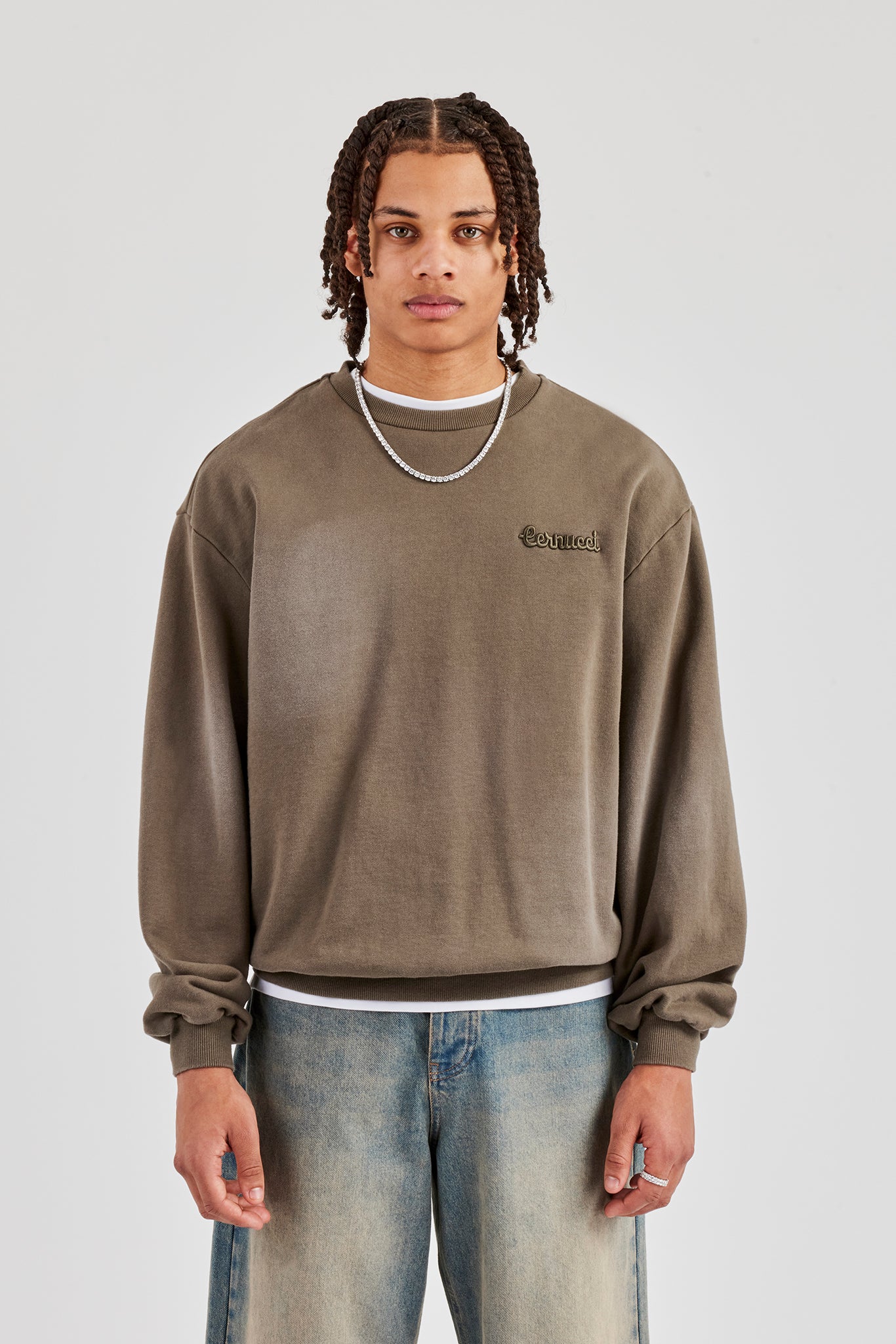 Washed Applique Boxy Sweater - Khaki | Mens Hoodies & Sweats