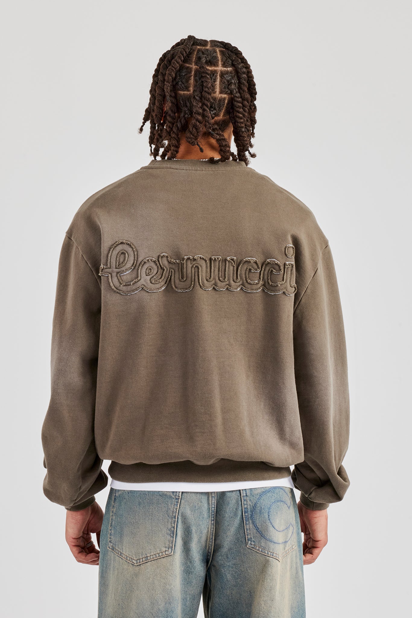 Kastenförmiger Pullover mit verwaschener Applikation - Khaki