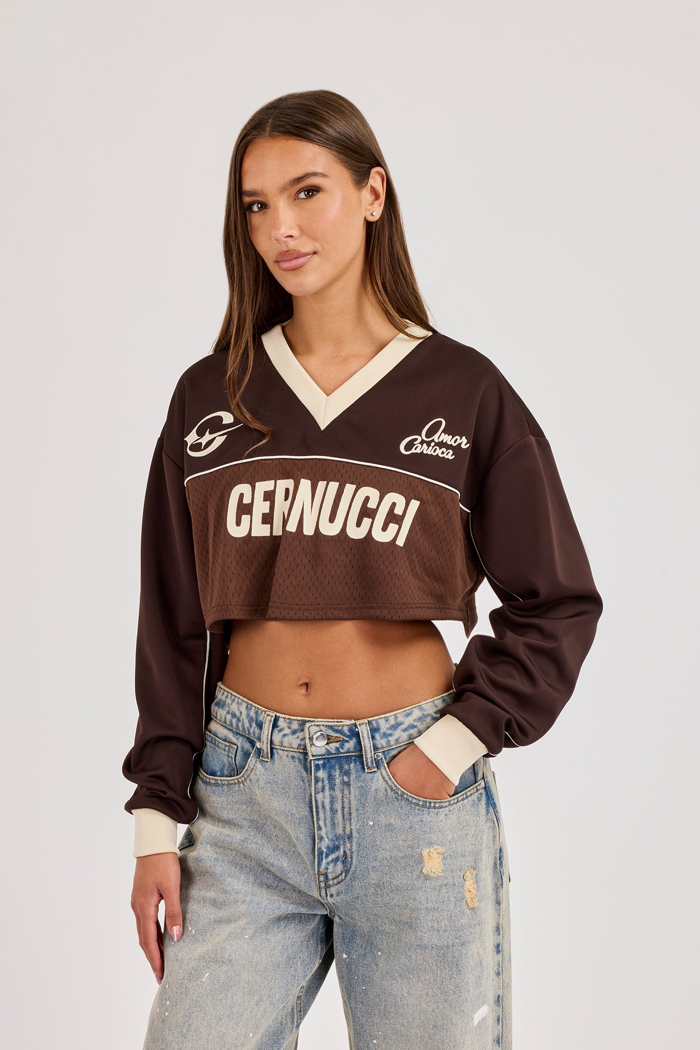 Mesh Mixed Crop Top - Chocolate Brown