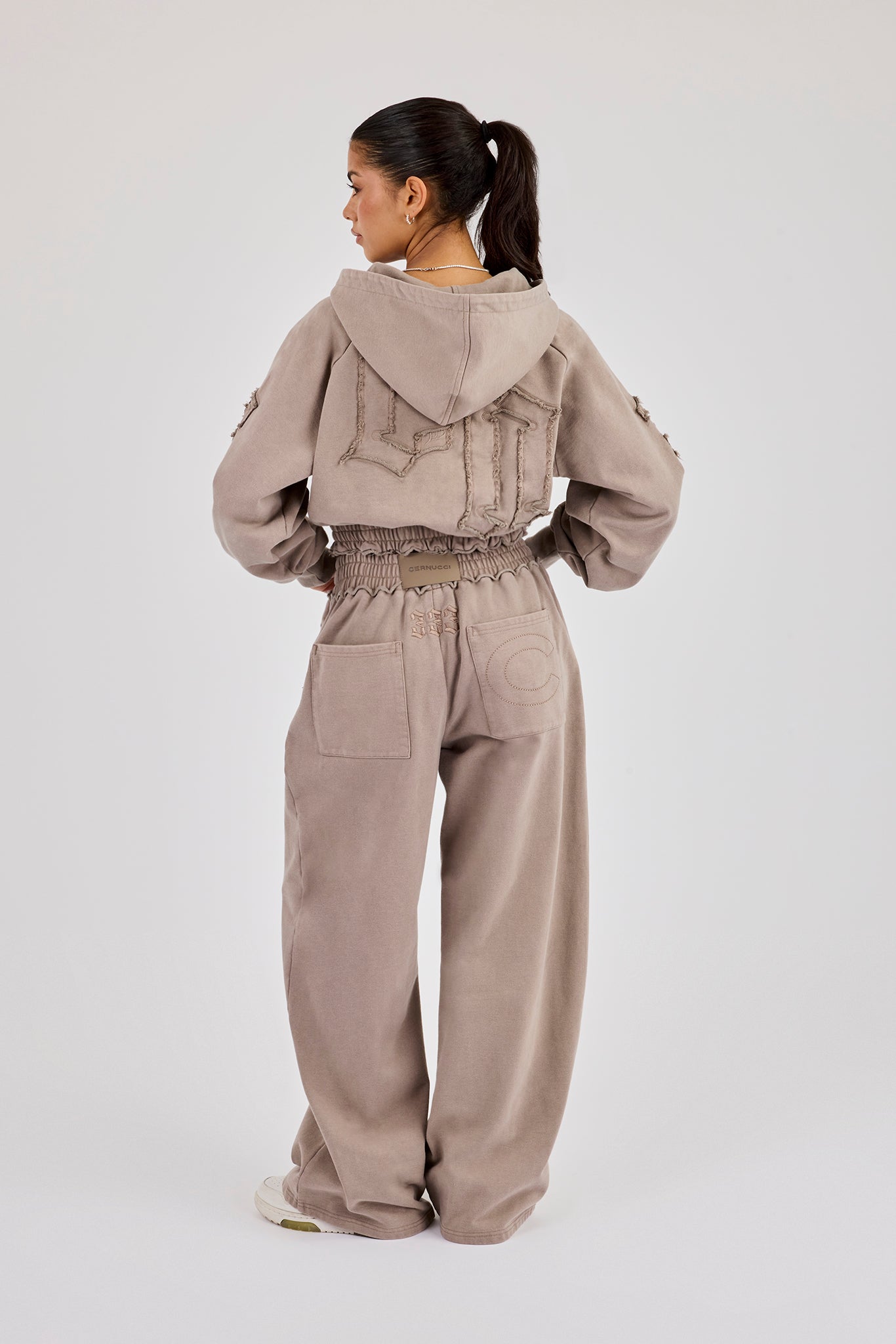 Applique Cropped Zip Hoodie & Wide Leg Jogger - Washed Taupe