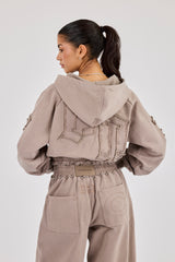 Applique Cropped Zip Hoodie - Washed Taupe