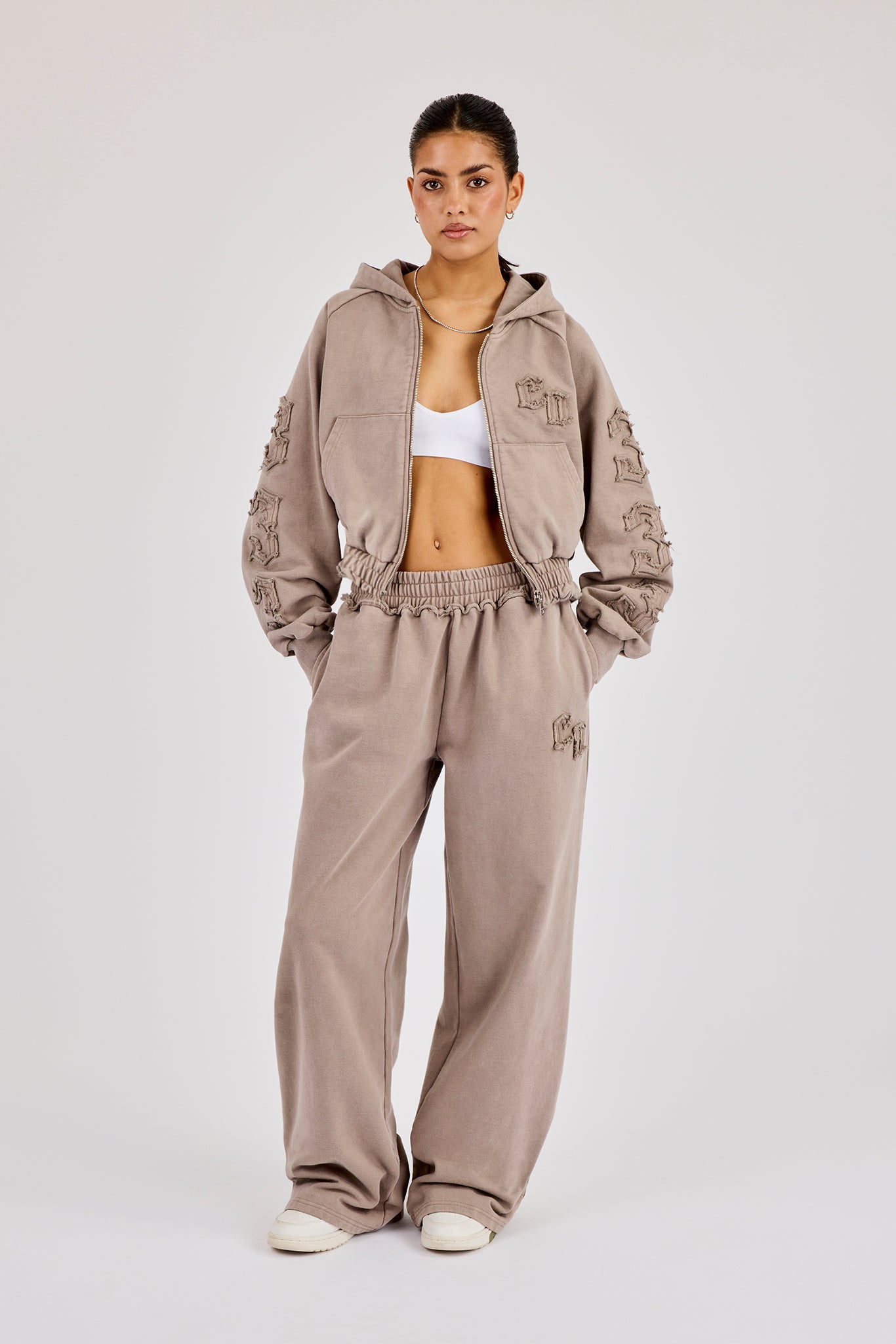 Applique Cropped Zip Hoodie & Wide Leg Jogger - Washed Taupe