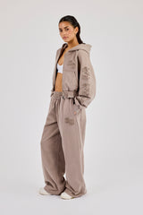 Applique Cropped Zip Hoodie & Wide Leg Jogger - Washed Taupe