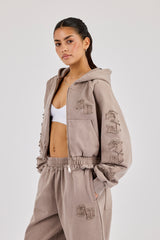 Applique Cropped Zip Hoodie - Washed Taupe