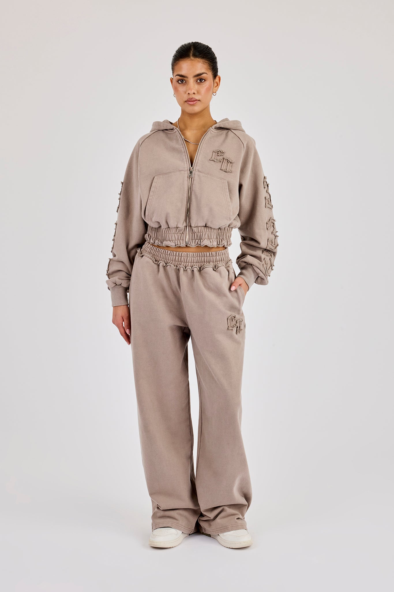 Applique Cropped Zip Hoodie & Wide Leg Jogger - Washed Taupe