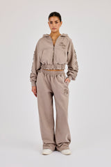 Applique Cropped Zip Hoodie & Wide Leg Jogger - Washed Taupe