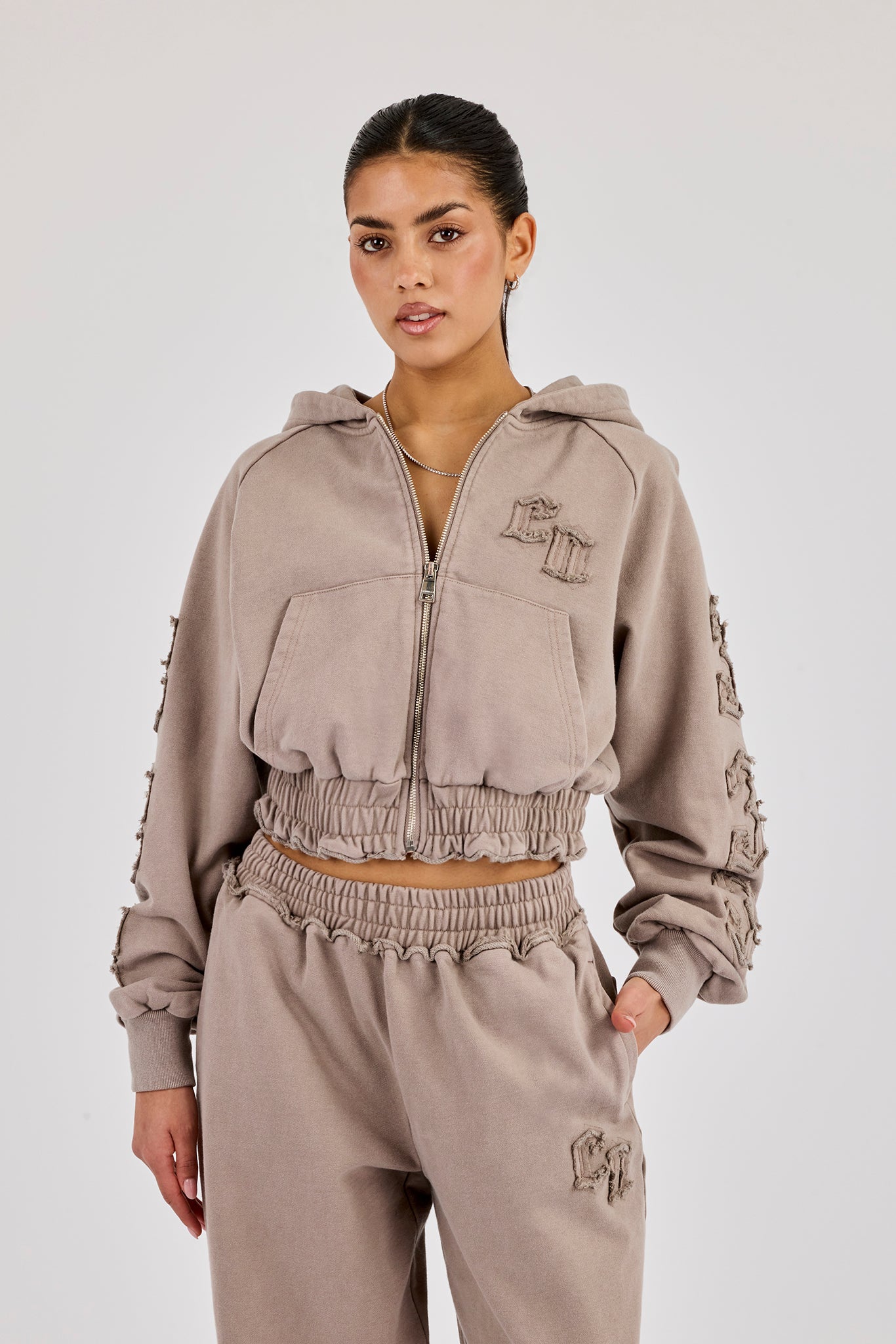 Applique Cropped Zip Hoodie - Washed Taupe