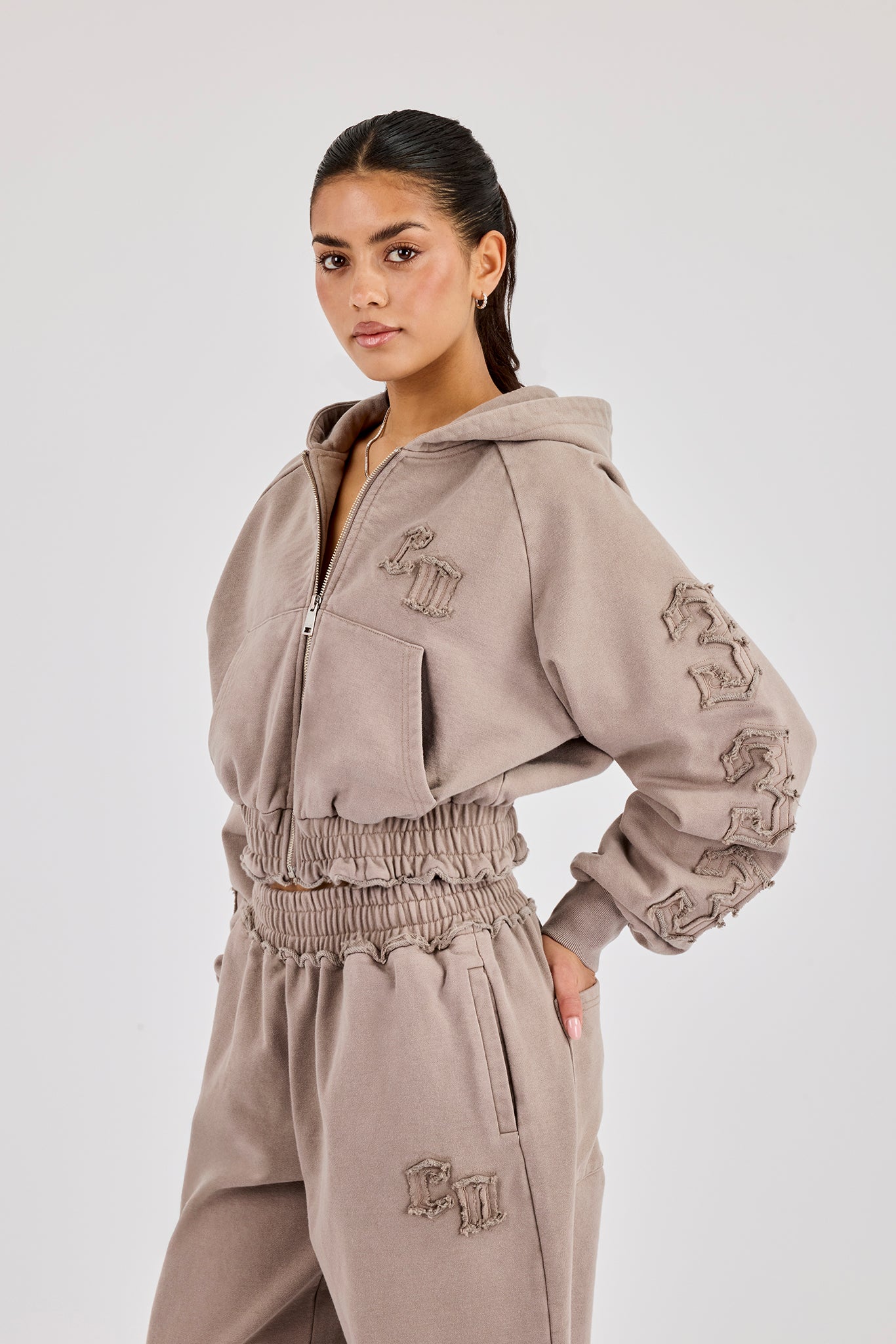Applique Cropped Zip Hoodie - Washed Taupe