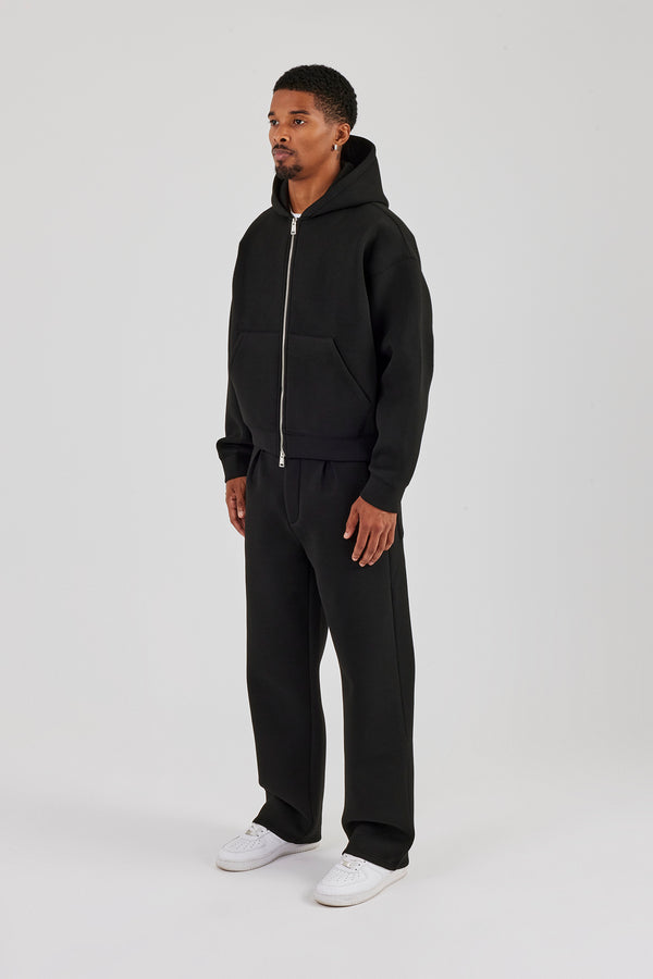 Kastiger Scuba-Kapuzenpullover mit durchgehendem Reißverschluss und lässiger Hose - Schwarz