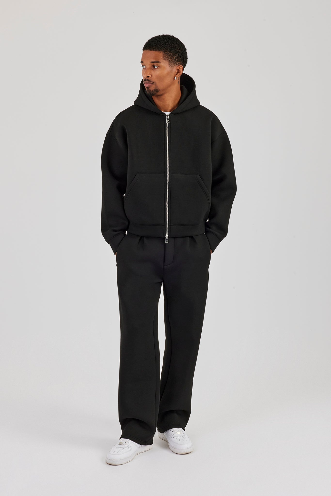 Scuba Zip Through Boxy Hoodie & Relaxed Trouser - Black | Mens