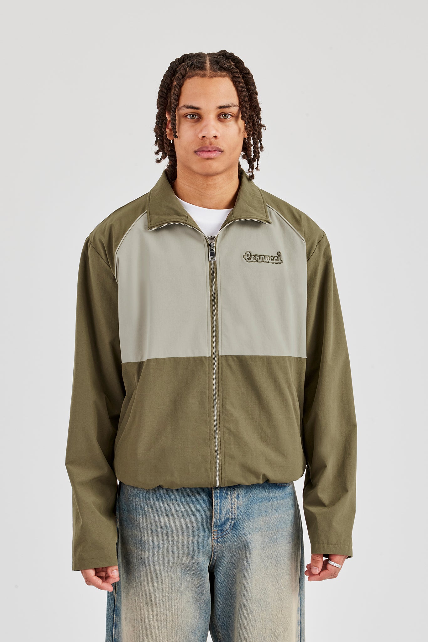 Nylon Panel Funnel Neck Track Jacket - Khaki | Mens Outerwear