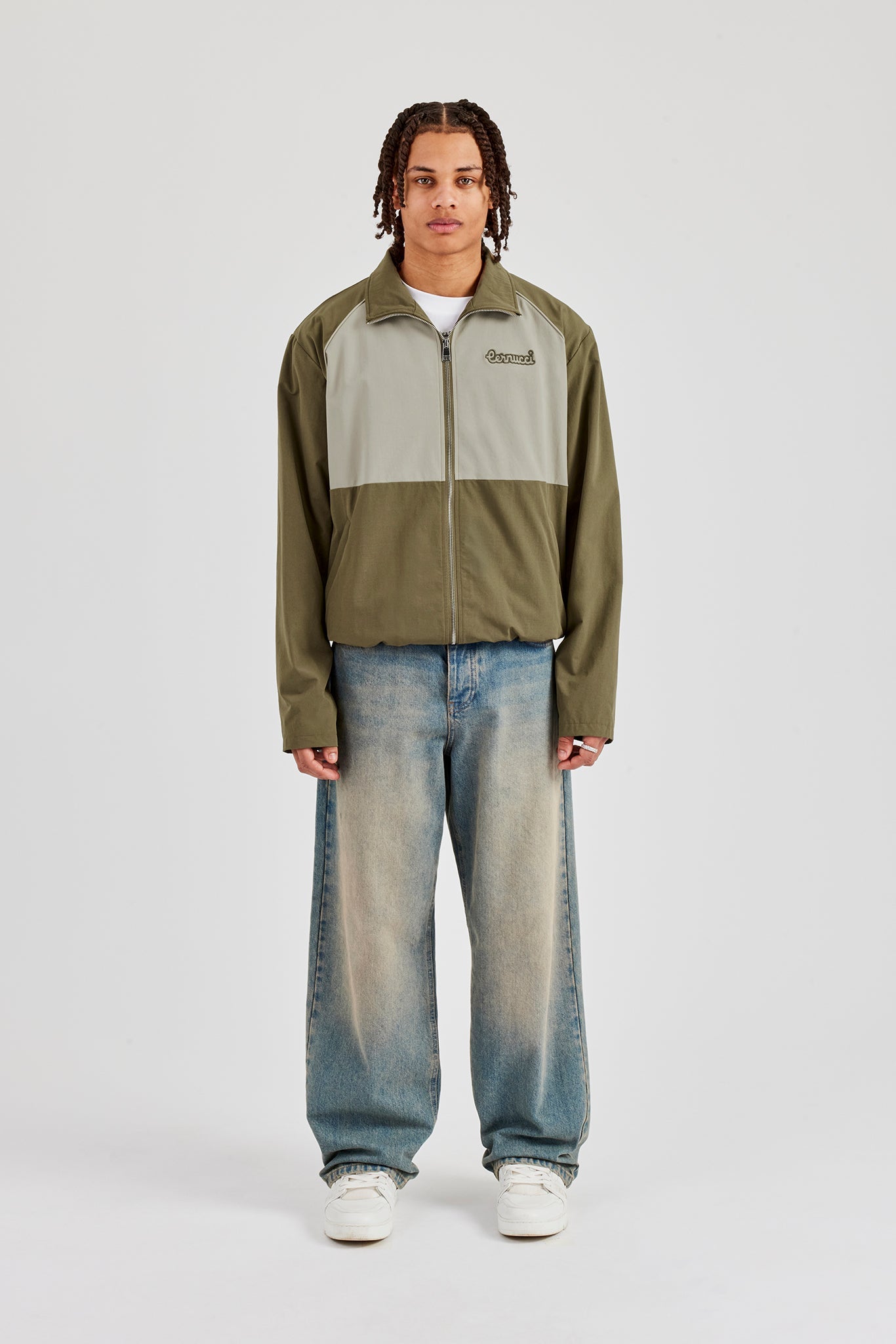 Nylon Panel Funnel Neck Track Jacket - Khaki | Mens Outerwear