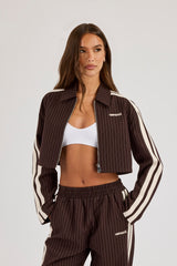 Pinstripe Taping Cropped Harrington Jacket - Chocolate