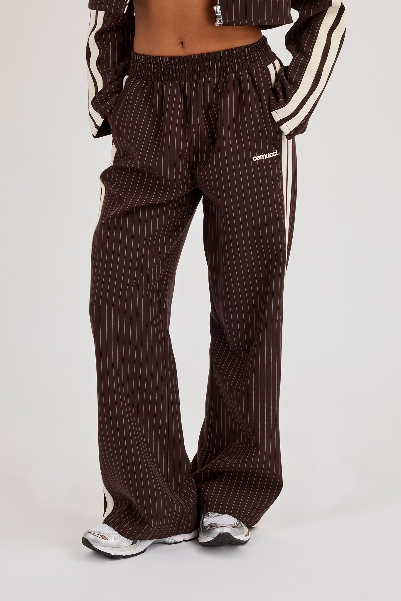 Pinstripe Taping Wide Leg Track Pant - Chocolate