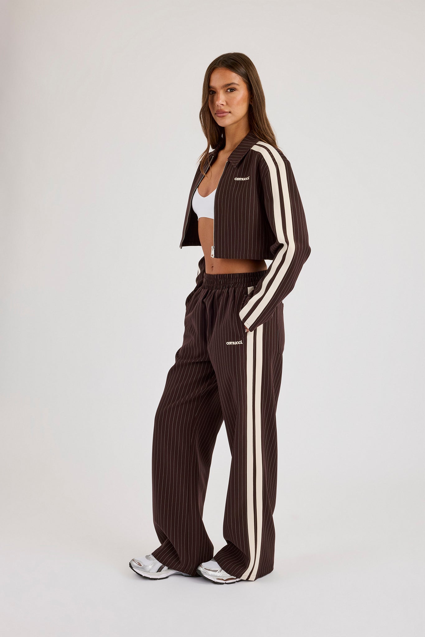 Pinstripe Taping Cropped Harrington Jacket & Wide Leg Track Pant - Chocolate
