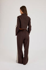 Pinstripe Taping Cropped Harrington Jacket & Wide Leg Track Pant - Chocolate