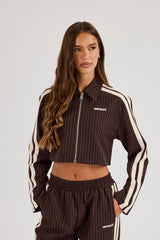 Pinstripe Taping Cropped Harrington Jacket - Chocolate