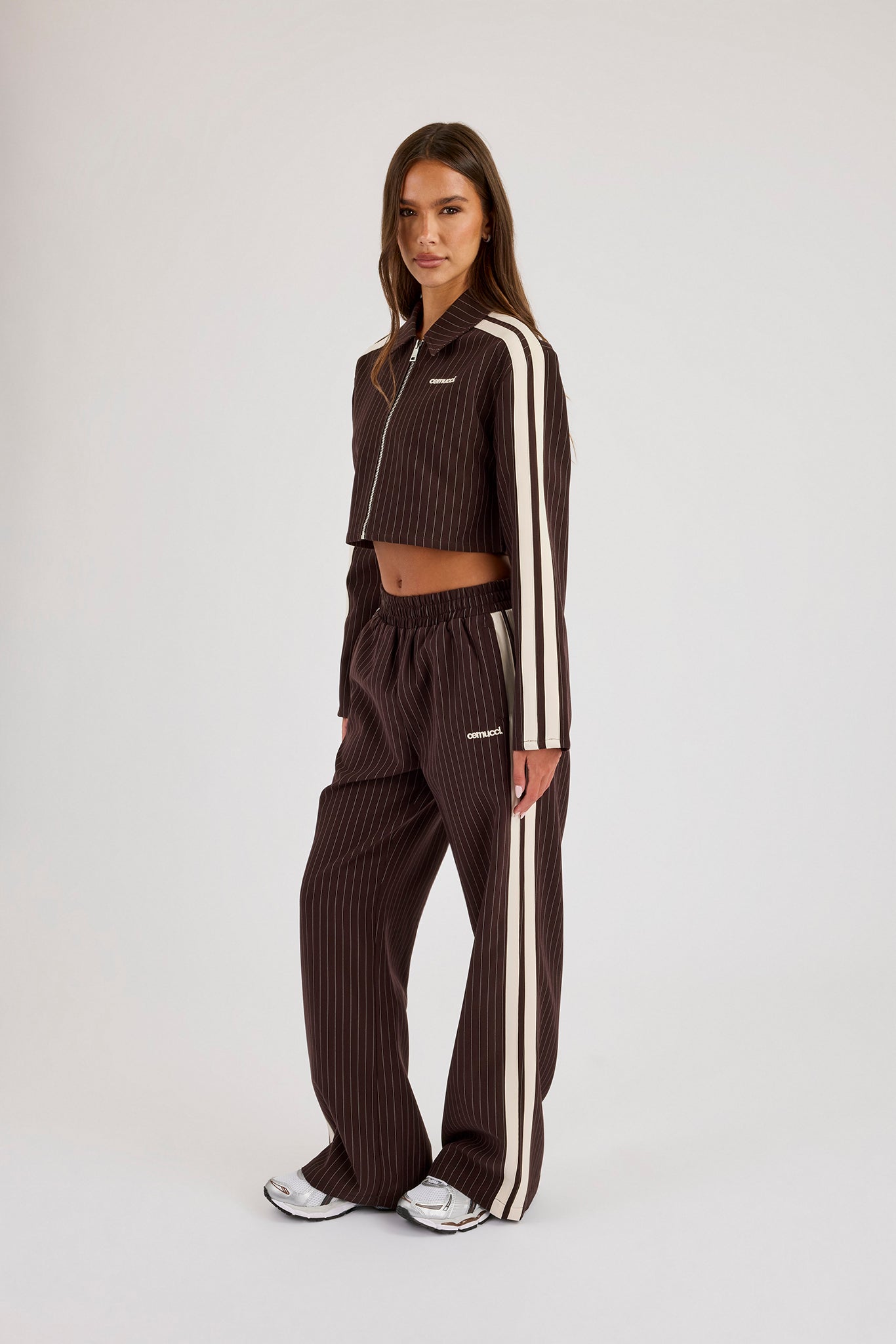Pinstripe Taping Cropped Harrington Jacket & Wide Leg Track Pant - Chocolate