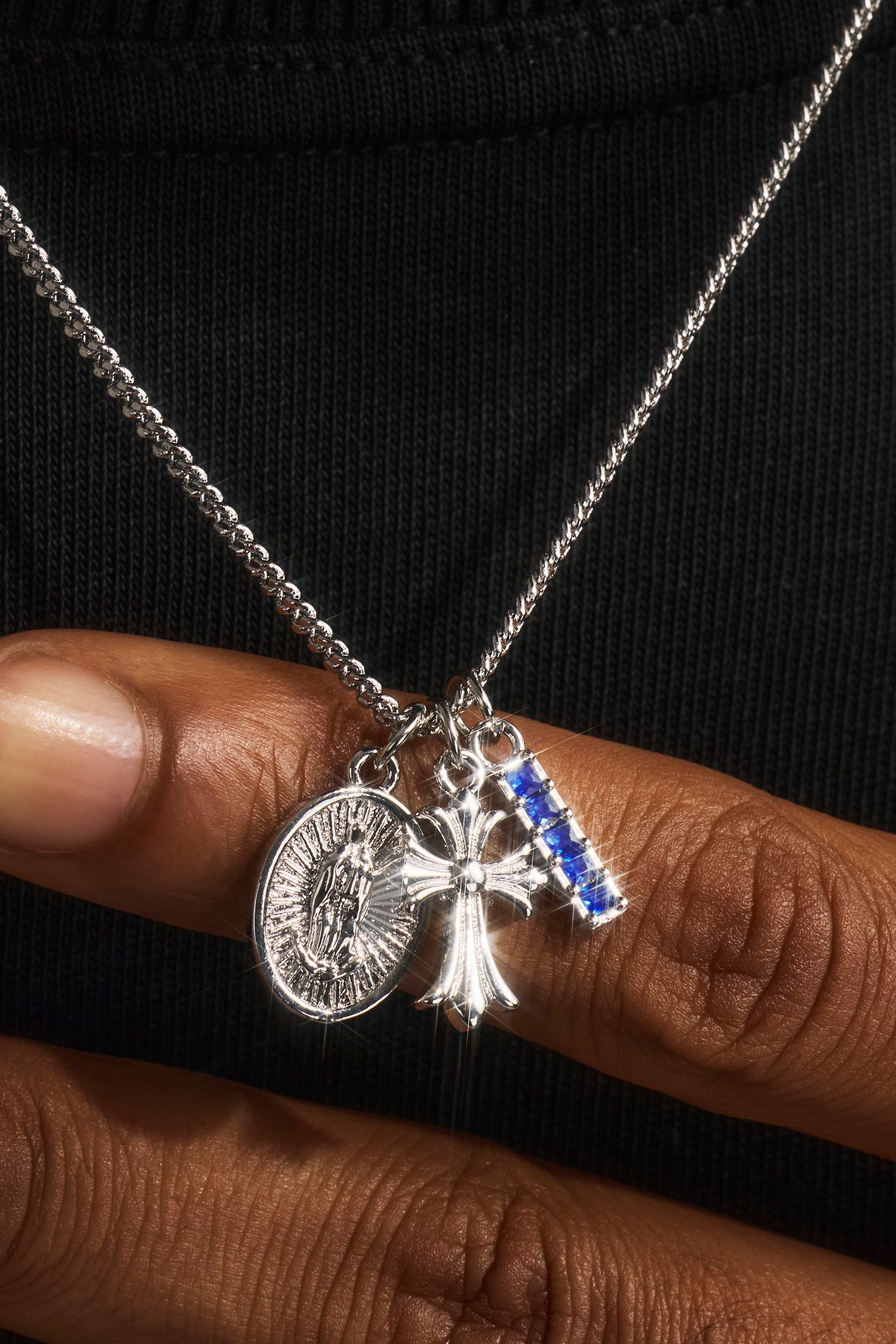 Multi Cross, Medal & Blue CZ Necklace - 15mm - White